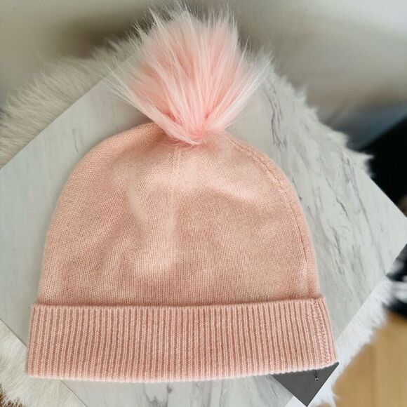 Nordstrom Faux Fur Cashmere Pompom Beanie, Pink, 100% Cashmere, NWT - Picture 1 of 9